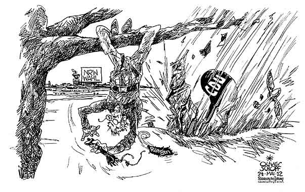  Oliver Schopf, politischer Karikaturist aus Österreich, politische Karikaturen, Illustrationen Archiv politische Karikatur Deutschland    2012 ROETTGEN NORBERT CDU NORDRHEIN WESTFALEN WAHL ABSTURZ FLUGZEUG LANDUNG PILOT