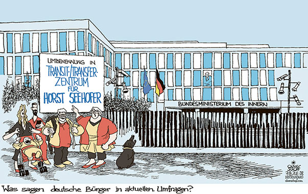 Oliver Schopf, politischer Karikaturist aus Österreich, politische Karikaturen aus Österreich, Karikatur Cartoon Illustrationen Politik Politiker Deutschland 2018 CDU CSU ASYL STREIT MIGRATION FLÜCHTLINGE MERKEL SEEHOFER BERLIN  ALT-MOABIT BUNDESINNENMINISTERIUM BÜRGER UMFRAGEN TRANSITZENTRUM TRANSFERZENTRUM ABSCHIEBEN RÜCKFÜHRUNG BAYERN GRENZE  

