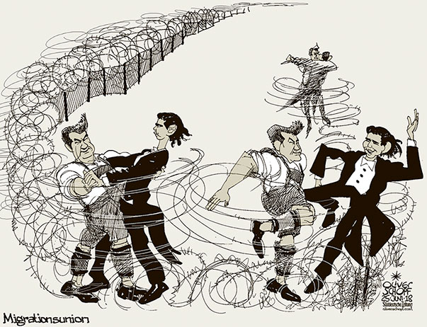  Oliver Schopf, politischer Karikaturist aus Österreich, politische Karikaturen, Illustrationen Archiv politische Karikatur Deutschland - Asyl und Flüchtlinge 2018 MARKUS SÖDER SEBASTIAN KURZ MIGRATION ASYLBEWERBER ZURÜCKWEISUNG ZAUN GRENZE TANZ WALZER SCHUHPLATTELN CSU ÖVP 
