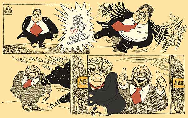  Oliver Schopf, politischer Karikaturist aus Österreich, politische Karikaturen, Illustrationen Archiv politische Karikatur Deutschland 
2017 SPD MARTIN SCHULZ K FRAGE KANZLERKANDIDAT SIGMAR GABRIEL AUSSENMINISTER MERKEL WAHL 2017     
