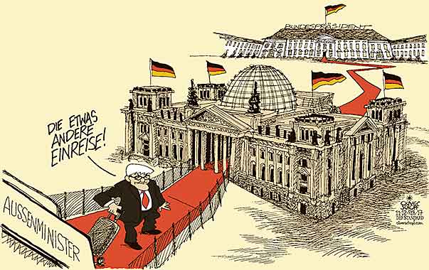 Oliver Schopf, politischer Karikaturist aus Österreich, politische Karikaturen aus Österreich, Karikatur Cartoon Illustrationen Politik Politiker Deutschland 2017 FRANK-WALTER STEINMEIER BUNDESPRÄSIDENT WAHL BUNDESVERSAMMLUNG BUNDESTAG REICHSTAGSGEBÄUDE SCHLOSS BELLEVUE AUSSENMINISTER GANGWAY ANKUNFT EINREISE ROTER TEPPICH KONTROLLE PASSIEREN
