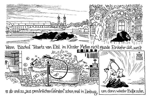 Oliver Schopf, politischer Karikaturist aus Österreich, politische Karikaturen aus Österreich, Karikatur Cartoon Illustrationen Politik Politiker Deutschland 2014: KATHOLISCHE KIRCHE LIMBURG TEBARTZ VAN ELST BADEWANNE KLOSTER METTEN EINKEHR BUSSE 



   
