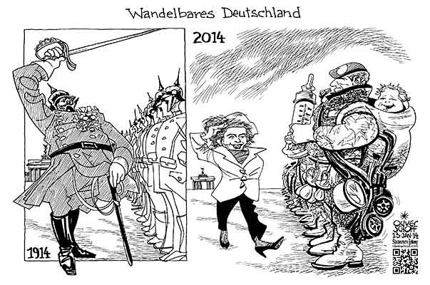 Oliver Schopf, politischer Karikaturist aus Österreich, politische Karikaturen aus Österreich, Karikatur Cartoon Illustrationen Politik Politiker Deutschland 2014: VON DER LEYEN URSULA BUNDESVERTEIDIGUNGSMINISTERIN BUNDESWEHR HEER FAMILIE KASERNE SOLDATEN EHRENKOMPANIE SALUTIEREN 



   