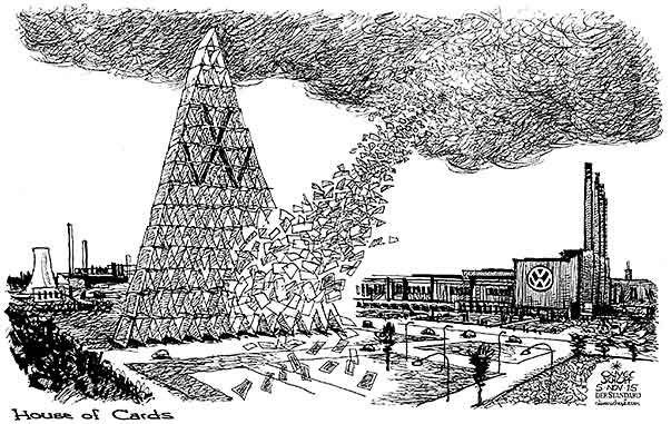 Oliver Schopf, editorial cartoons from Austria, cartoonist from Austria, Austrian illustrations, illustrator from Austria, editorial cartoon politics politician Germany, Cartoon Arts International, New York Times Syndicate, Cagle cartoon 2015: VOLKSWAGEN CARS EMISSIONS CO2 HOUSE OF CARDS WOLFSBURG MANIPULATION  
 


 