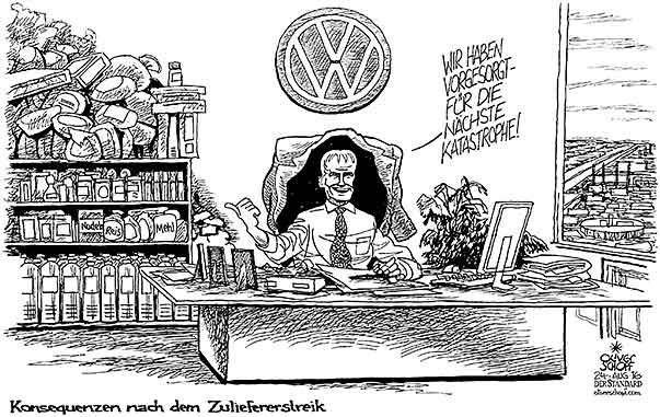  Oliver Schopf, politischer Karikaturist aus Österreich, politische Karikaturen, Illustrationen Archiv politische Karikatur Deutschland Volkswagen 2016
: VW MATTHIAS MÜLLER ZULIEFERERSTREIK KATASTROPHE VORSORGE HAMSTERN EINLAGERN ZIVILSCHUTZ  
