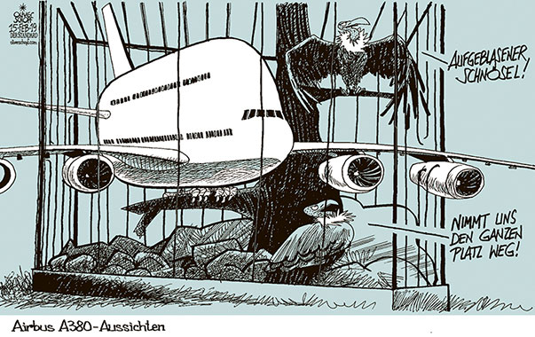 Oliver Schopf, politischer Karikaturist aus Österreich, politische Karikaturen aus Österreich, Karikatur Cartoon Illustrationen Politik Politiker Europa 2019 AIRBUS A380 PRODUKTION ENDE PLEITE GEIER ZOO VOLIERE VOGEL GROSSRAUMFLUGZEUG 
