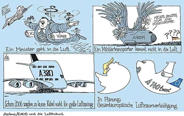 Oliver Schopf, politischer Karikaturist aus Österreich, politische Karikaturen aus Österreich, Karikatur Cartoon Illustrationen Politik Politiker Europa 2017 : AIRBUS EADS EUROFIGHTER DOSKOZIL MILTÄRTRANSPORTER A400M A380 TWITTER TRUMP LUFTRAUM ÜBERWACHUNG LUFTHOHEIT 

