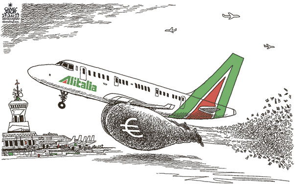 Oliver Schopf, editorial cartoons from Austria, cartoonist from Austria, Austrian illustrations, illustrator from Austria, editorial cartoon politics politician Europe, Cartoon Arts International, New York Times Syndicate, Cagle cartoon 2019 ITALY AIRLINE ALITALIA MONEY EURO RESCUE ENGINE INSOLVENT TAKE OFF  
