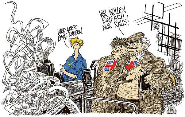 Oliver Schopf, politischer Karikaturist aus Österreich, politische Karikaturen aus Österreich, Karikatur Cartoon Illustrationen Politik Politiker Europa 2017 : EU GROSSBRITANNIEN BREXIT AUSTRITT VERHANDLUNGEN RECHNUNG ZAHLEN SUPERMARKT KASSA 


