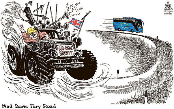  
Oliver Schopf, editorial cartoons from Austria, cartoonist from Austria, Austrian illustrations, illustrator from Austria, editorial cartoon
Cartoon Arts International, New York Times Syndicate, Cagle cartoon Europe Great Britain Brexit 2019 GREAT BRITAIN EU NO DEAL BREXIT BORIS JOHNSON CHICKEN GAME MAD MAX FURY ROAD MOVIE CARS BUS CRASH

