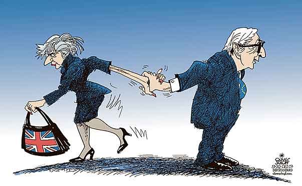 Oliver Schopf, politischer Karikaturist aus Österreich, politische Karikaturen aus Österreich, Karikatur Cartoon Illustrationen Politik Politiker Europa 2017 BREXIT THERESA MAY JEAN-CLAUDE JUNCKER VERHANDLUNGEN DEAL EINIGUNG HANG GEBEN GROSSBRITANNIEN EU










