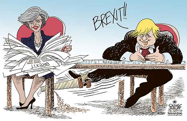 Oliver Schopf, editorial cartoons from Austria, cartoonist from Austria, Austrian illustrations, illustrator from Austria, editorial cartoon politics politician Europe, Cartoon Arts International, New York Times Syndicate, Cagle cartoon 2017 : GREAT BRITAIN PRIME MINISTER THERESA MAY BORIS JOHNSON BREXIT SAW CHAIR UNDER THE TABLE DAILY TELEGRAPH 
