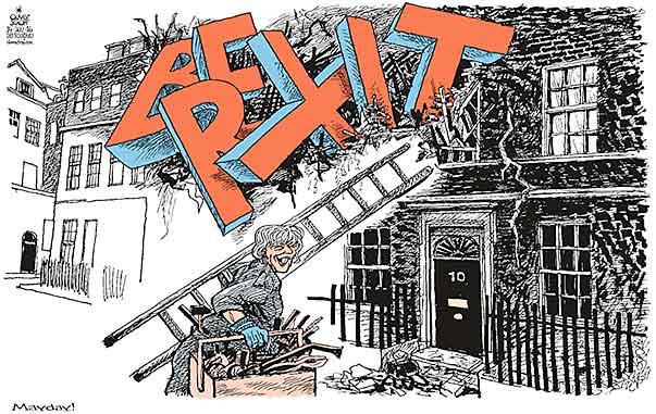  
Oliver Schopf, editorial cartoons from Austria, cartoonist from Austria, Austrian illustrations, illustrator from Austria, editorial cartoon
Cartoon Arts International, New York Times Syndicate, Cagle cartoon Europe Great Britain Brexit 2016 GREAT BRITAIN BREXIT PRIME MINISTER THERESA MAY DOWNING STREET 10 REPAIR RESTORE DAMAGE HOUSE FIXING 

