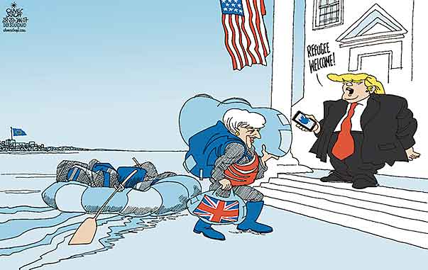 Oliver Schopf, editorial cartoons from Austria, cartoonist from Austria, Austrian illustrations, illustrator from Austria, editorial cartoon politics politician Europe, Cartoon Arts International, New York Times Syndicate, Cagle cartoon 2017 : GREAT BRITAIN USA THERESA MAY DONALD TRUMP BREXIT ON THE RUN REFUGEES WELCOME MIGRATION SPECIAL RELATIONSHIP  
