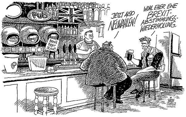  Oliver Schopf, politischer Karikaturist aus Österreich, politische Karikaturen, Illustrationen Archiv politische Karikatur Europa Great Britain UK England Schottland Irland Brexit 2017 GROSSBRITANNIEN BREXIT NEUWAHLEN MAY ENGLISH PUB STOUT BEER ABSTIMMUNG THEKE  

