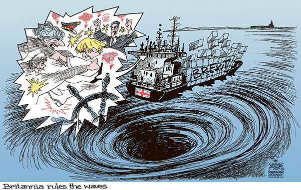 Oliver Schopf, editorial cartoons from Austria, cartoonist from Austria, Austrian illustrations, illustrator from Austria, editorial cartoon politics politician Europe, Cartoon Arts International, New York Times Syndicate, Cagle cartoon 2018 GREAT BRITAIN BREXIT CONSERVATIVES TORIES PARTY CONFERENCE BIRMINGHAM MAY JOHNSON CONTAINER SHIP VESSEL SEA WHIRLPOOL BRITANNIA RULES THE WAVES
