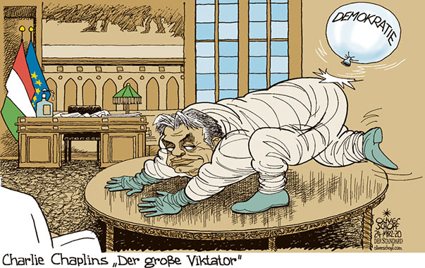 Oliver Schopf, politischer Karikaturist aus Österreich, politische Karikaturen aus Österreich, Karikatur Cartoon Illustrationen Politik Politiker Europa  2020: EU UNGARN VIKTOR ORBAN BÜRO CORONAVIRUS KRISE SARS-COV-2 COVID-19 DEMOKRATIE VIKTATOR CHARLIE CHAPLIN DER GROSSE DIKTATOR DIKTATUR DEKRET NOTSTANDSGESETZE 
