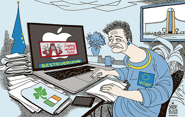 Oliver Schopf, politischer Karikaturist aus Österreich, politische Karikaturen aus Österreich, Karikatur Cartoon Illustrationen Politik Politiker Europa 2020: EU APPLE EUGH URTEIL VESTAGER BESTEUERUNG STEUER NACHZAHLUNG IRLAND MAC COMPUTER ACCESS DENIED
