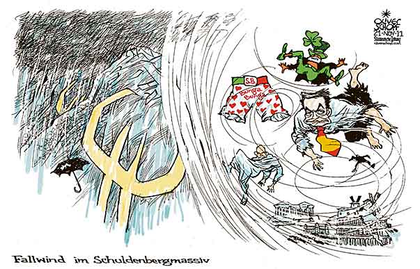 Oliver Schopf, politischer Karikaturist aus Österreich, politische Karikaturen aus Österreich, Karikatur Illustrationen Wirtschaft und Finanzen Europa Wirtschaft und Finanzen 2011 EURO SCHULDEN KRISE REGIERUNGEN ZAPATERO BERLUSCONI FALLWIND FOEHN SCHULDENBERG 







