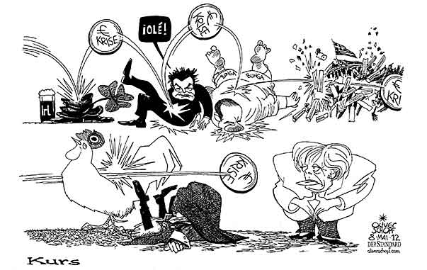  Oliver Schopf, politischer Karikaturist aus Österreich, politische Karikaturen, Illustrationen Archiv politische Karikatur Europa Frankreich 2012 EU EURO KRISE SARKOZY MERKEL ZAPATERO BERLUSCONI GRIECHENLAND 
 

