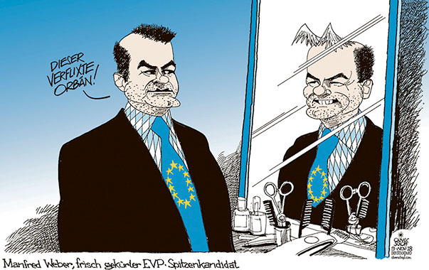  Oliver Schopf, politischer Karikaturist aus Österreich, politische Karikaturen, Illustrationen Archiv politische Karikatur Europa EU-Wahl 2018 EUROPA WAHLEN EU EVP EUROPÄISCHE VOLKSPARTEI MANFRED WEBER SPITZENKANDIDAT KOMMISSION PRÄSIDENT FRISUR HAARSCHNITT VIKTOR ORBAN PARTEIFREUND PROBLEME
