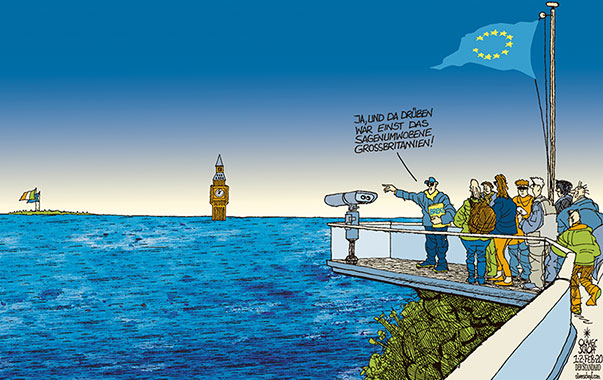 Oliver Schopf, politischer Karikaturist aus Österreich, politische Karikaturen aus Österreich, Karikatur Cartoon Illustrationen Politik Politiker Europa  2020: EU GROSSBRITANNIEN BREXIT AUSTRITT DATUM 31 JÄNNER JANUAR INSEL VERSUNKEN ATLANTIS ELIZABETH TOWER BIG BEN VERSUNKEN TOURISTEN GUIDE AUSSICHTSPLATTFORM MEER OZEAN IRLAND
