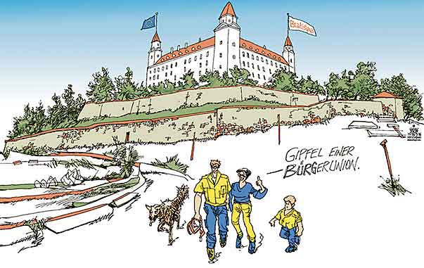  Oliver Schopf, politischer Karikaturist aus Österreich, politische Karikaturen, Illustrationen Archiv politische Karikatur Europa 2016
EU GIPFEL BRATISLAVA FLÜCHTLINGE REFUGEES MIGRATION MAUER ZAUN GRENZE BURG BRATISLAVA 
