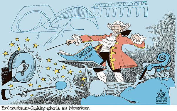 Oliver Schopf, politischer Karikaturist aus Österreich, politische Karikaturen aus Österreich, Karikatur Cartoon Illustrationen Politik Politiker Europa 2018 EU GIPFEL SALZBURG MOZARTEUM KONZERT DIRIGENT SEBASTIAN KURZ MOZART SYMPHONIE BRÜCKENBAUER MIGRATION FRONTEX ASYL BREXIT 
