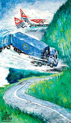  
Oliver Schopf, editorial cartoons from Austria, cartoonist from Austria, Austrian illustrations, illustrator from Austria, editorial cartoon
Europe Economy and Finances  2011 eu Greece rescue debt truck road bend standard & poor's moody's fitch hit the road Jack from ray charles 
