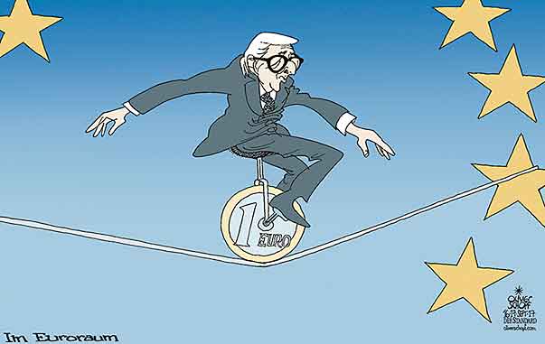  
Oliver Schopf, editorial cartoons from Austria, cartoonist from Austria, Austrian illustrations, illustrator from Austria, editorial cartoon
Europe Euro  and monetary policy  2017 EU EURO ZONE JEAN CLAUDE JUNCKER UNICYCLE TIGHTROPE WALKING ACROBATIC  
