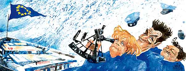  Oliver Schopf, politischer Karikaturist aus Österreich, politische Karikaturen, Illustrationen Archiv politische Karikatur Europa 
2010 eu merkel sarkozy barroso schiff kurs sextant 

