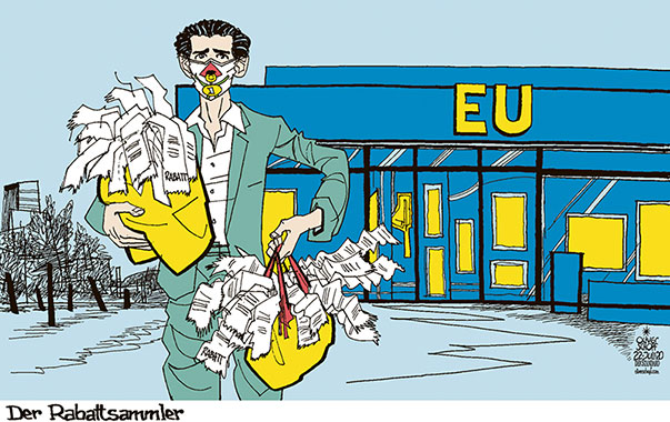 Oliver Schopf, politischer Karikaturist aus Österreich, politische Karikaturen aus Österreich, Karikatur Cartoon Illustrationen Politik Politiker Europa 2020: EU BUDGET CORONA RABATTE SPARSAMEN VIER SEBASTIAN KURZ BILLA RABATTSAMMLER EINKAUFEN SUPERMARKT MASKE SPAREFROH
