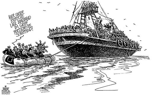  Oliver Schopf, politischer Karikaturist aus Österreich, politische Karikaturen, Illustrationen Archiv politische Karikatur Europa Asyl und Flüchtlinge 2016 EU MIGRATIONSBERICHT FLÜCHTLINGE REFUGEES SCHIFF BOOT MITTELMEER SCHLAUCHBOOT STEUERRAD
