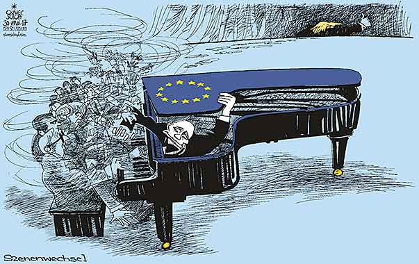 Oliver Schopf, politischer Karikaturist aus Österreich, politische Karikaturen aus Österreich, Karikatur Cartoon Illustrationen Politik Politiker Europa 2017 : EU MERKEL JUNCKER MACRON KLAVIER FLÜGEL PUTIN MUSIK SPIELEN KONZERT KLAVIATUR TRUMP 


