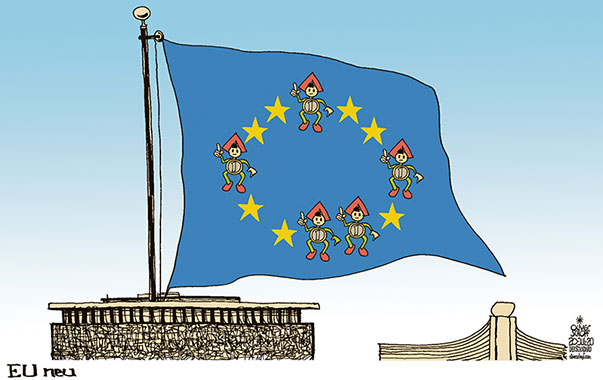 Oliver Schopf, politischer Karikaturist aus Österreich, politische Karikaturen aus Österreich, Karikatur Cartoon Illustrationen Politik Politiker Europa  2020: EU GIPFEL BRÜSSEL BUDGET SPARSAMEN VIER GEIZIGEN VIER ÖSTERREICH NIEDERLANDE DÄNEMARK SCHWEDEN FINNLAND SPAREN SPAREFROH FAHNE STERNE RATSGEBÄUDE 
