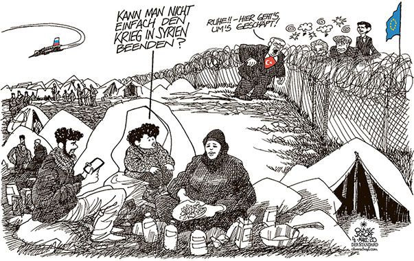Oliver Schopf, politischer Karikaturist aus Österreich, politische Karikaturen aus Österreich, Karikatur Cartoon Illustrationen Politik Politiker Europa  2020: EU TÜRKEI GRIECHENLAND GRENZE FLÜCHTLINGE KIND KRIEG SYRIEN ERDOGAN MERKEL VON DER LEYEN KURZ RUSSLAND KAMPFJET GELD ABKOMMEN
