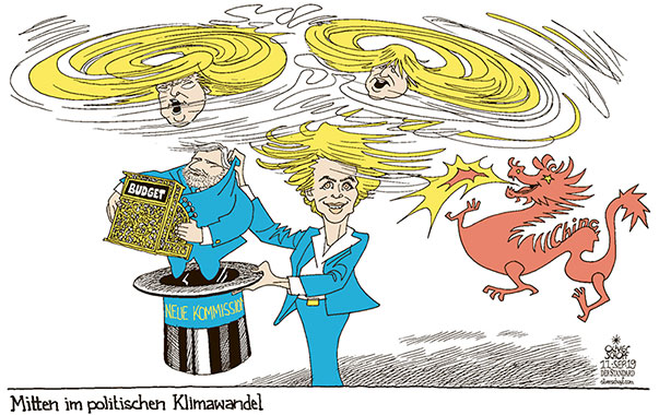 Oliver Schopf, politischer Karikaturist aus Österreich, politische Karikaturen aus Österreich, Karikatur Cartoon Illustrationen Politik Politiker Europa 2019 EU KOMMISSION URSULA VON DER LEYEN JOHANNES HAHN HAUSHALTSKOMMISSAR BUDGET WETTERLAGE SRURM KLIMAWANDEL TRUMP BORIS JOHNSON CHINA DRACHE AUS DEM HUT ZAUBERN 
