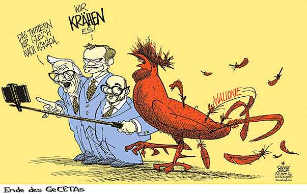 Oliver Schopf, politischer Karikaturist aus Österreich, politische Karikaturen aus Österreich, Karikatur Cartoon Illustrationen Wirtschaft und Finanzen Europa 2016 EU CETA WALLONIE HAHN WAPPEN JUNCKER TUSK MICHEL EINIGUNG SELFIE TWITTERN KRÄHEN 

   
