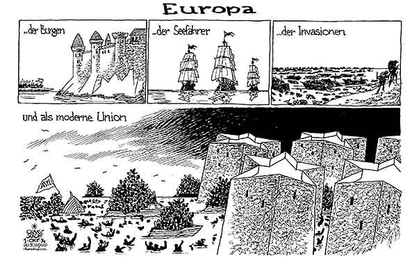 Oliver Schopf Politische Karikatur Asyl Fluchtlinge Festung Europa