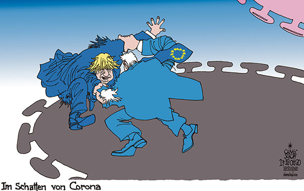 Oliver Schopf, politischer Karikaturist aus Österreich, politische Karikaturen aus Österreich, Karikatur Cartoon Illustrationen Politik Politiker Europa 2020: GROSSBRITANNIEN BREXIT BORIS JOHNSON BOJO EU BARNIER VERHANDLUNGEN CORONAVIRUS KRISE SARS-CoV-2 COVID-19 RINGEN SCHATTEN 

