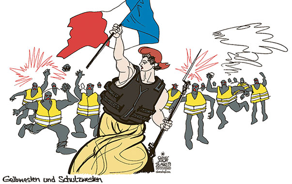  Oliver Schopf, politischer Karikaturist aus Österreich, politische Karikaturen, Illustrationen Archiv politische Karikatur Europa Frankreich  2019 FRANKREICH GELBWESTEN PROTESTE AUSSCHREITUNGEN RADIKALITÄT REPUBLIK FREIHEIT GEMÄLDE DELACROIX SCHUTZWESTE 



