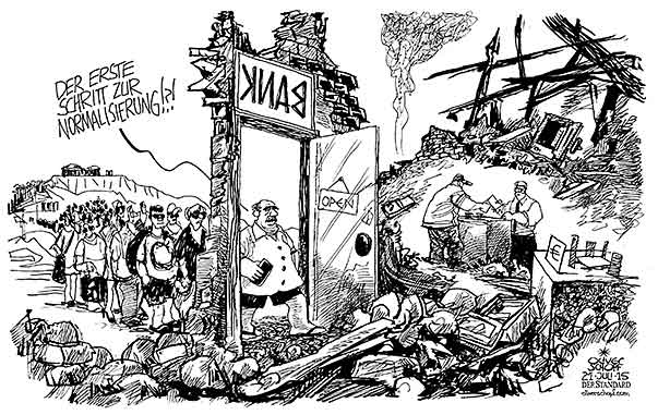 Oliver Schopf Politische Karikatur Griechenland Griechische Schuldenkrise Und Banken Offnen Wieder
