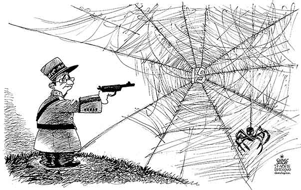  Oliver Schopf, politischer Karikaturist aus Österreich, politische Karikaturen, Illustrationen Archiv politische Karikatur Europa Frankreich 2015 TERROR IS PARIS FRANKREICH FRANCOIS HOLLANDE KRIEG GENERAL MILITÄR NETZ SPINNE NETZWERK SCHIESSEN


