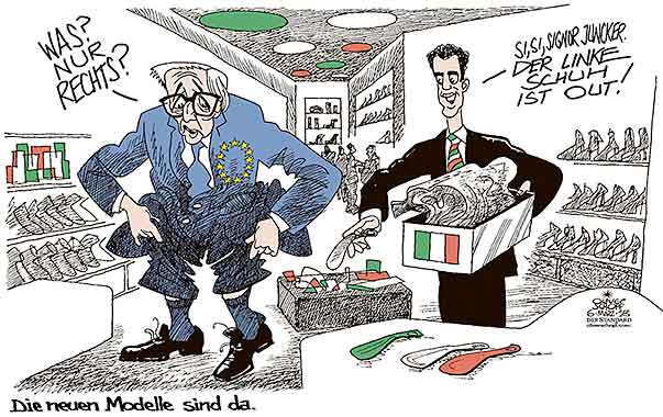 Oliver Schopf, politischer Karikaturist aus Österreich, politische Karikaturen aus Österreich, Karikatur Illustrationen Politik Politiker Europa 2018 ITALIEN PARLAMENTSWAHLEN RECHTSRUCK EU JUNCKER SCHUHGESCHÄFT RECHTER SCHUH PROBIEREN MODELLE
 

 



   