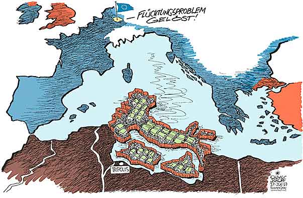  Oliver Schopf, politischer Karikaturist aus Österreich, politische Karikaturen, Illustrationen Archiv politische Karikatur Europa Asyl und Flüchtlinge 2017 EU ITALIEN FLÜCHTLINGE REFUGEES KRISE LIBYEN AUFFANGLAGER MITTELMEERROUTE SPERREN GRENZKONTROLLEN SCHLEPPER AFRIKA 
