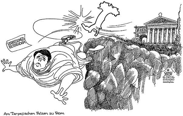 Oliver Schopf, politischer Karikaturist aus Österreich, politische Karikaturen aus Österreich, Karikatur Cartoon Illustrationen Politik Politiker Europa 2016 : ITALIEN MATTEO RENZI VERFASSUNGSREFERENDUM STURZ TARPEJISCHER FELS KAPITOL ROM STIEFEL FUSSTRITT 




 
