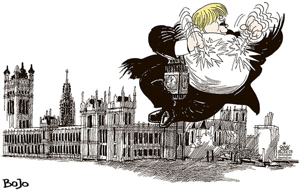  Oliver Schopf, politischer Karikaturist aus Österreich, politische Karikaturen, Illustrationen Archiv politische Karikatur Europa Great Britain UK GROSSBRITANNIEN BREXIT 2019 GROSSBRITANNIEN BORIS JOHNSON BOJO LONDON WESTMINSTER PARLAMENT BIG BEN AUF DIE BRUST SCHLAGEN KING KONG BREXIT   
