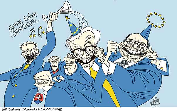  Oliver Schopf, politischer Karikaturist aus Österreich, politische Karikaturen, Illustrationen Archiv politische Karikatur Europäische Union 2016
MAASTRICHTVERTRAG EU 25 JAHRE FEIER JEAN CLAUDE JUNCKER MARTIN SCHULZ DONALD TUSK ROBERT FICO MERKEL ODE AN DIE FREUDE EUROPAHYMNE  