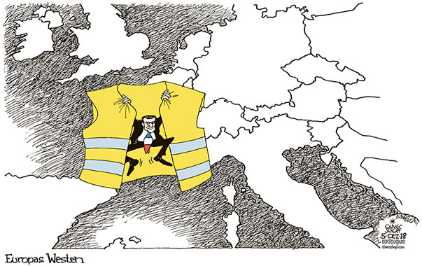  Oliver Schopf, politischer Karikaturist aus Österreich, politische Karikaturen, Illustrationen Archiv politische Karikatur Europa Frankreich  2018 FRANKREICH GELBWESTEN DEMONSTRATIONEN AUSSCHREITUNGEN MACRON WESTEUROPA LANDKARTE 



