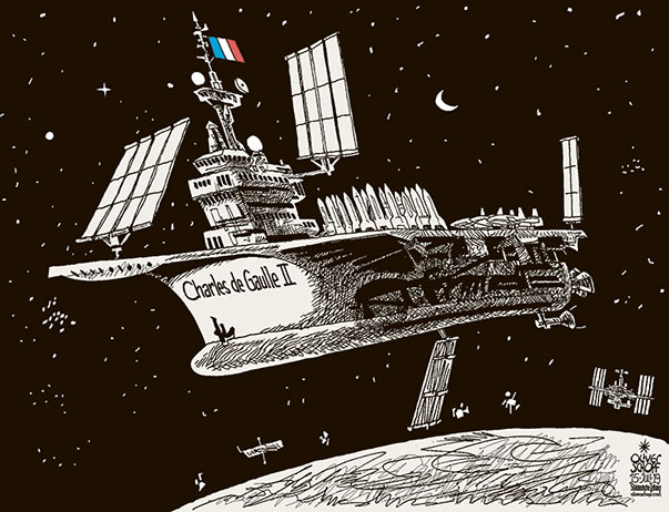 Oliver Schopf, editorial cartoons from Austria, cartoonist from Austria, Austrian illustrations, illustrator from Austria, editorial cartoon politics politician Europe, Cartoon Arts International, New York Times Syndicate, Cagle cartoon 2019 FRANCE MACRON SPACE UNIVERSE DEFENSE AIRCRAFT CARRIER CHARLES DE GAULLE SPACECRAFT FORCE DE FRAPPE
